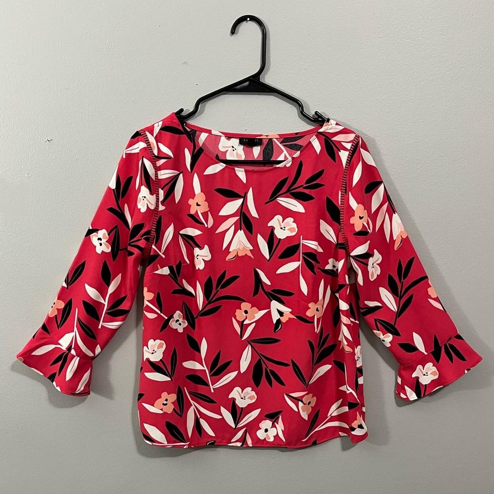 Talbots, small petite, pink/white/black floral blouse